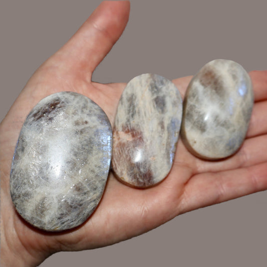 Moonstone Palm Stone with Rainbow Aura Inclusions - Wax | Wane