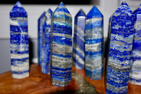 smooth Lapis Lazuli Obelisk - Authentic Quality Gemstone for Wisdom and Truth, Decorative 4-Inch Tall in studio background