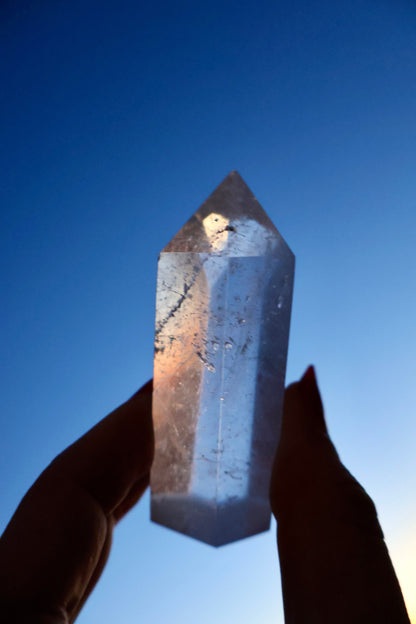 Clear Quartz Crystal Mineral Point with Natural Inclusions, 3" Obelisk Tower - Wax | Wane