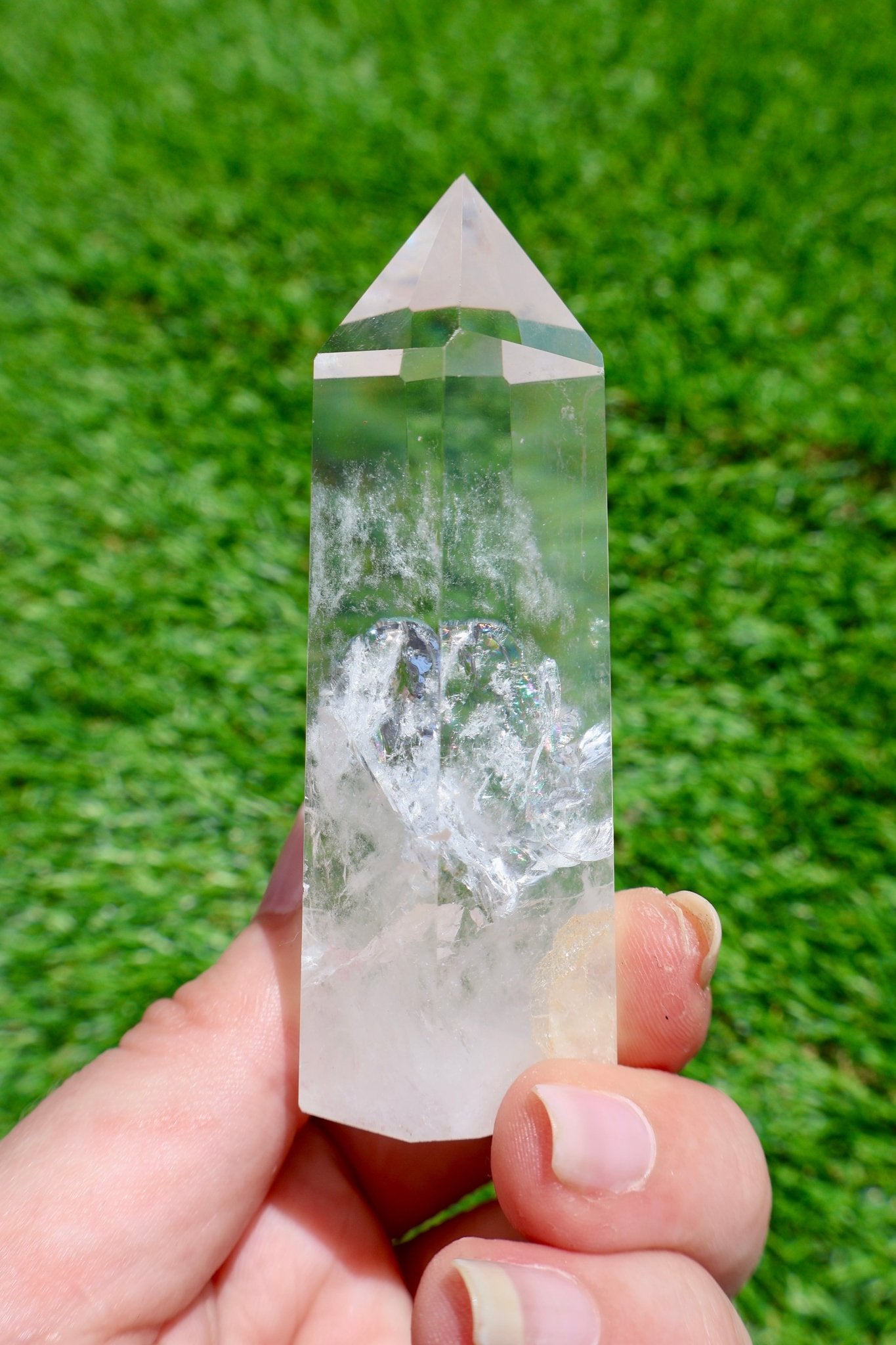 carved Clear Quartz Energy Point with Thicker 1.5" Base, Rare 3-4 inch in lighting effect