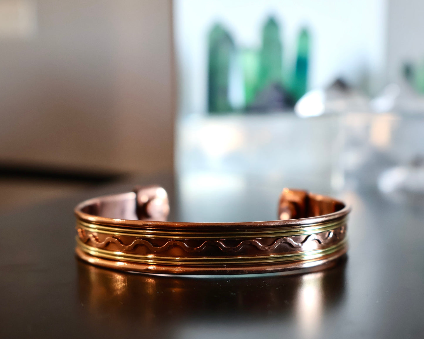 Copper Cuff Bracelet, Pure Copper with Two - Tone Brass Wave Design and 2 Magnets, Stress Relief - Wax | Wane