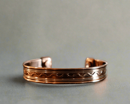 Copper Cuff Bracelet, Pure Copper with Two - Tone Brass Wave Design and 2 Magnets, Stress Relief - Wax | Wane