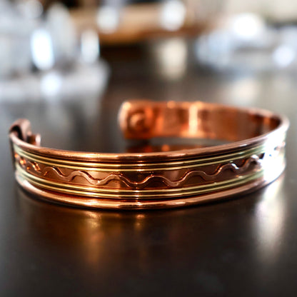 Copper Cuff Bracelet, Pure Copper with Two - Tone Brass Wave Design and 2 Magnets, Stress Relief - Wax | Wane