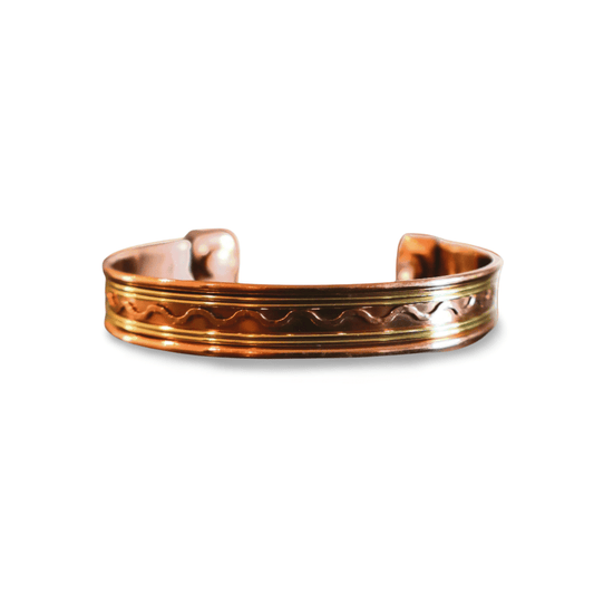 Copper Cuff Bracelet, Pure Copper with Two - Tone Brass Wave Design and 2 Magnets, Stress Relief - Wax | Wane