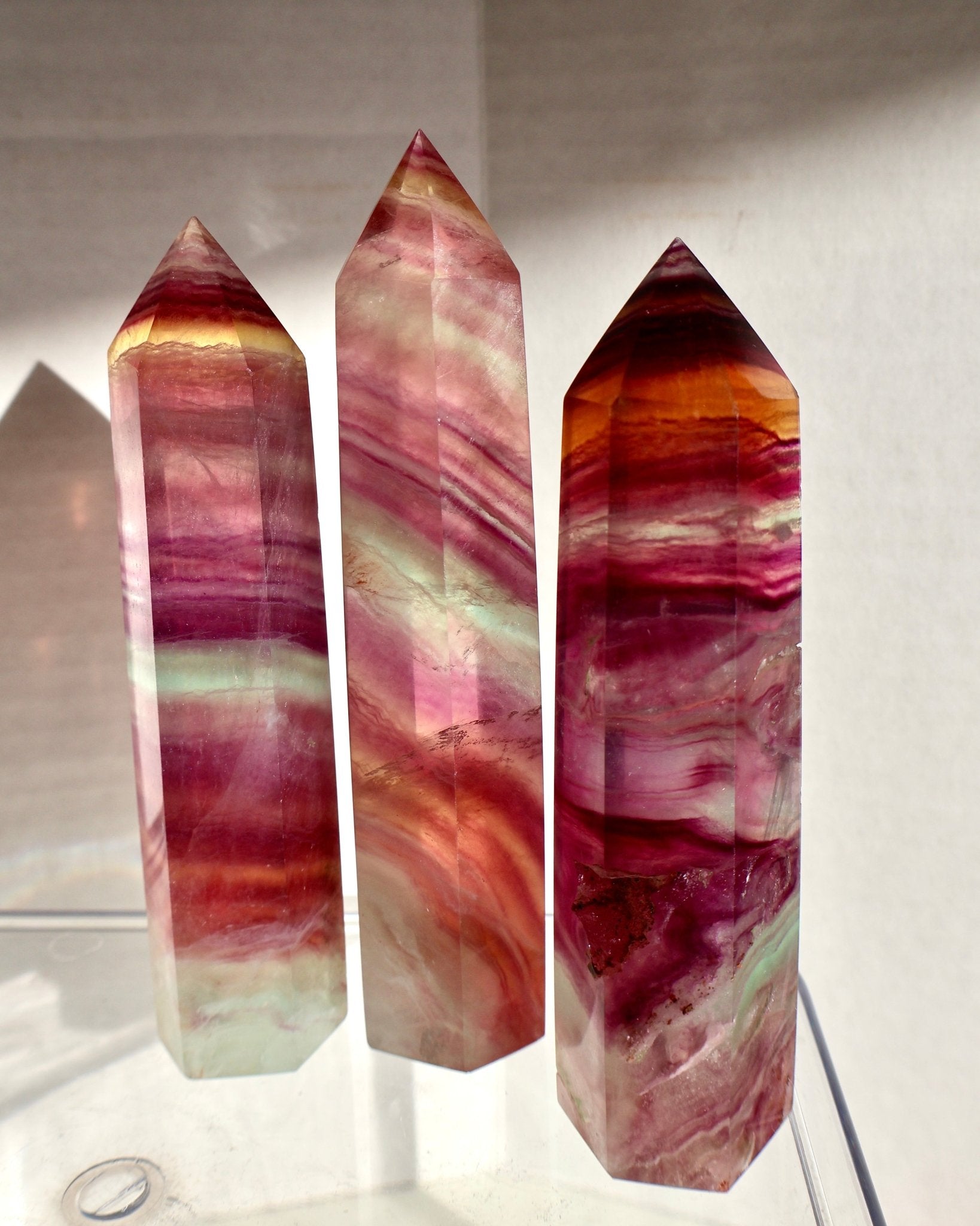 glimmering Fluorite Crystal Tower, Natural Watermelon Color in Pink and Green in macro texture
