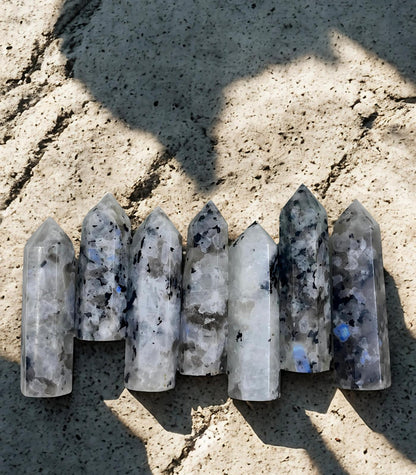Moonstone Crystal Obelisk with Natural Rainbow Aura Inclusions, 3 - 4" - Wax | Wane