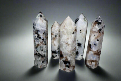 Moonstone Crystal Obelisk with Natural Rainbow Aura Inclusions, 3 - 4" - Wax | Wane