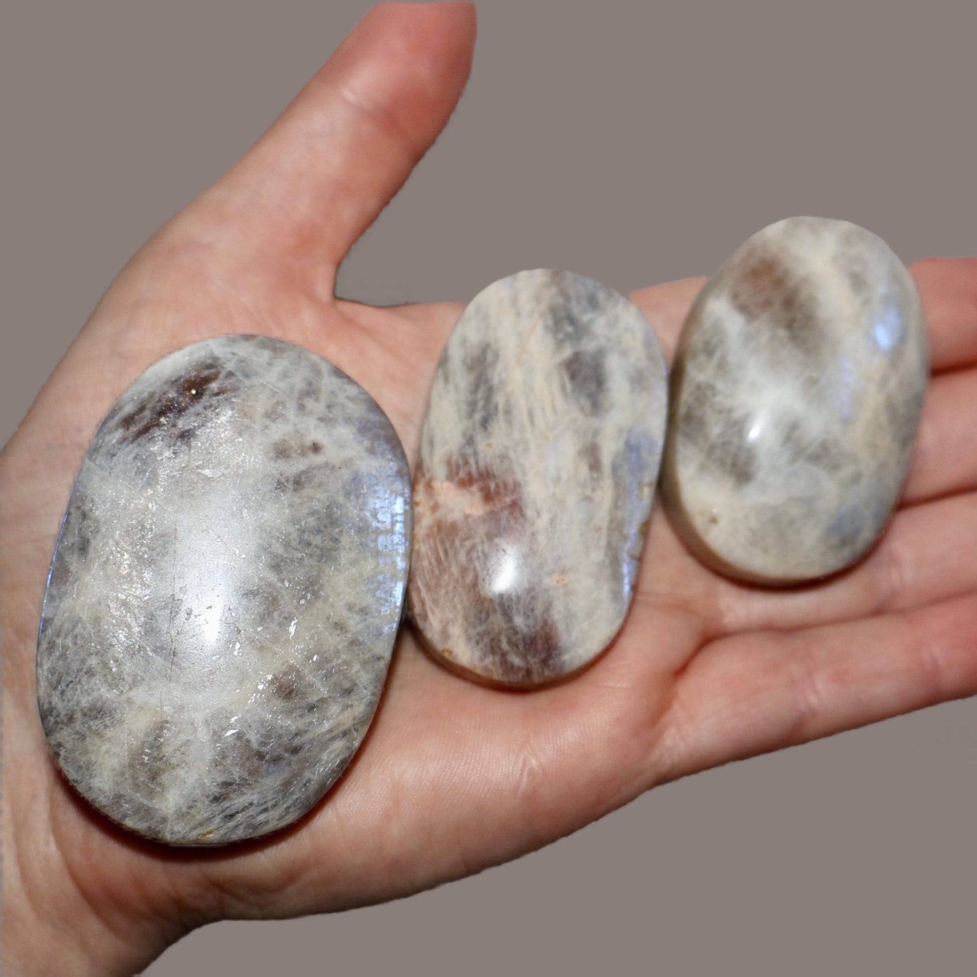 Moonstone Palm Stone with Rainbow Aura Inclusions - Wax | Wane