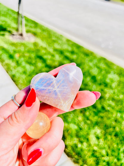 Moonstone Palm Stone with Rainbow Aura Inclusions - Wax | Wane