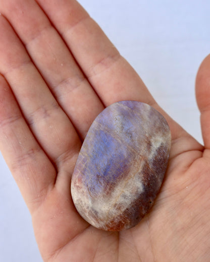 Moonstone Palm Stone with Rainbow Aura Inclusions - Wax | Wane