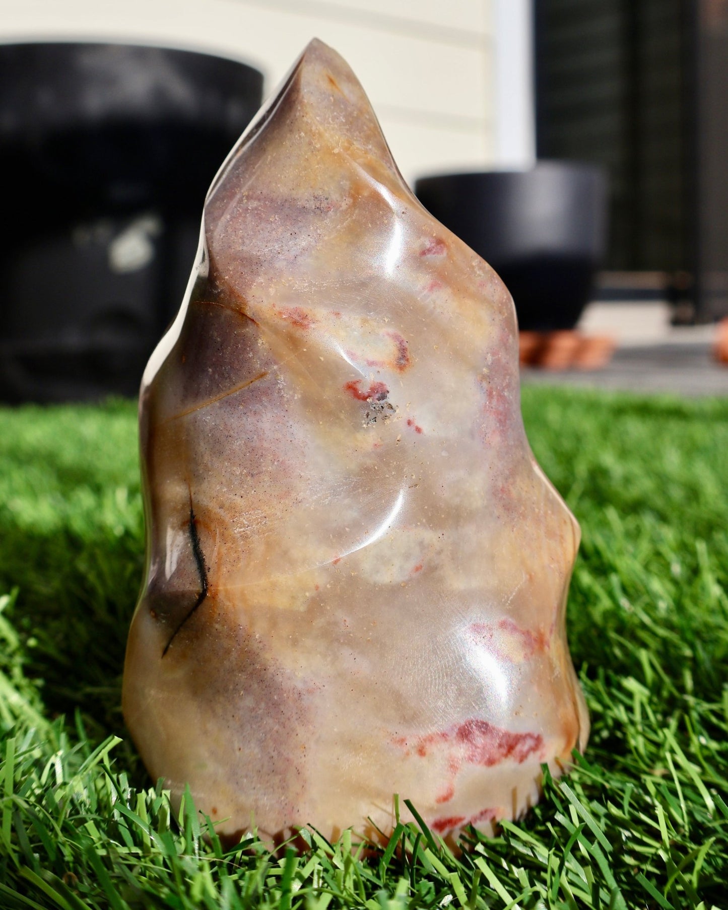 unique Ocean Jasper Crystal Flame, Hand Carved Decorative Sculpture, Multicolor 5-6" in displayed on surface