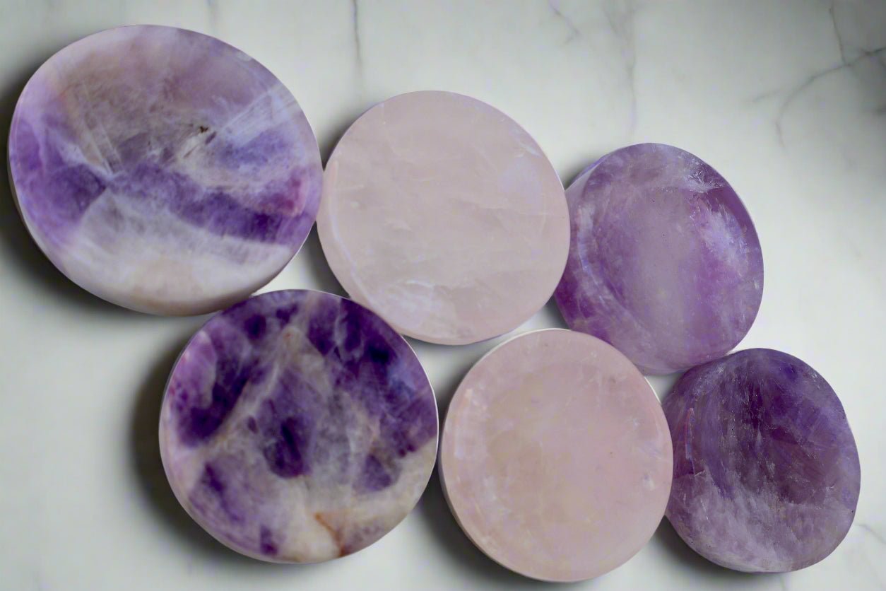 Rose Quartz & Amethyst Crystal Bowl – Jewelry Dish or Decor | Hand - Carved from Natural Stone, 2 - Inch - Wax | Wane