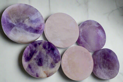 Rose Quartz & Amethyst Crystal Bowl – Jewelry Dish or Decor | Hand - Carved from Natural Stone, 2 - Inch - Wax | Wane