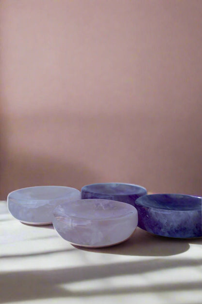 Rose Quartz & Amethyst Crystal Bowl – Jewelry Dish or Decor | Hand - Carved from Natural Stone, 2 - Inch - Wax | Wane