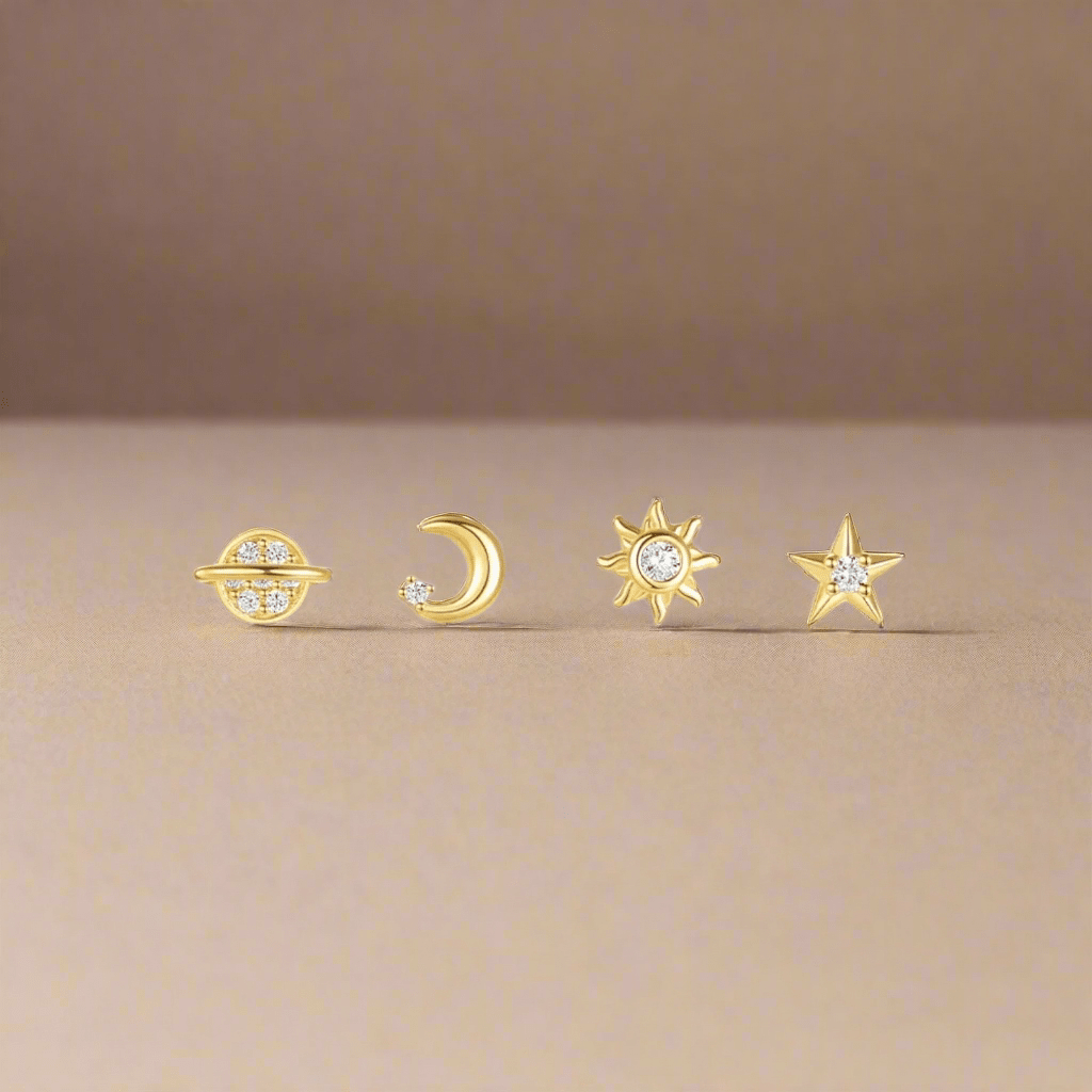 Sterling Silver Celestial Earrings - 4 piece Set with Saturn, Moon, Star, and Sun - Wax | Wane