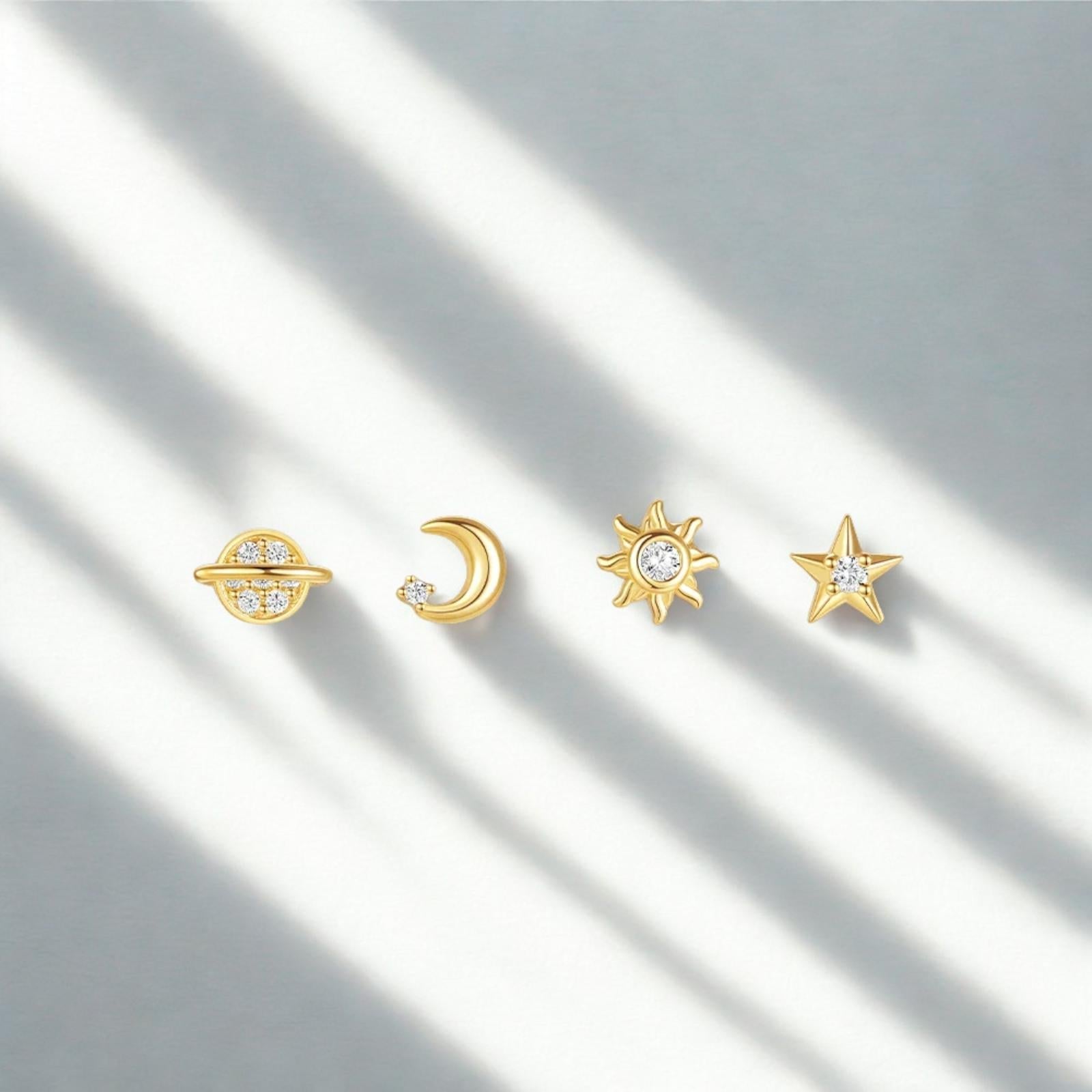 Sterling Silver Celestial Earrings - 4 piece Set with Saturn, Moon, Star, and Sun - Wax | Wane