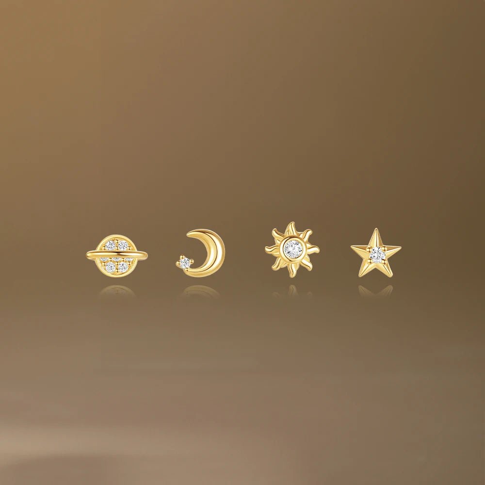 Sterling Silver Celestial Earrings - 4 piece Set with Saturn, Moon, Star, and Sun - Wax | Wane