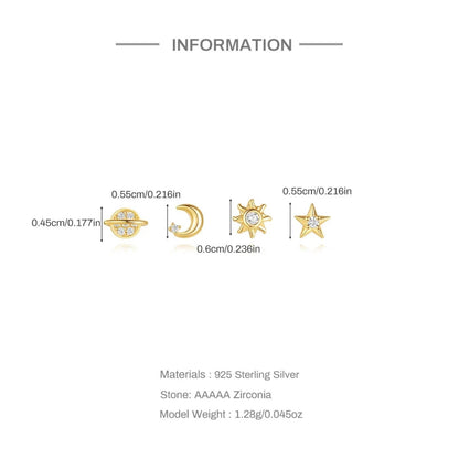 Sterling Silver Celestial Earrings - 4 piece Set with Saturn, Moon, Star, and Sun - Wax | Wane
