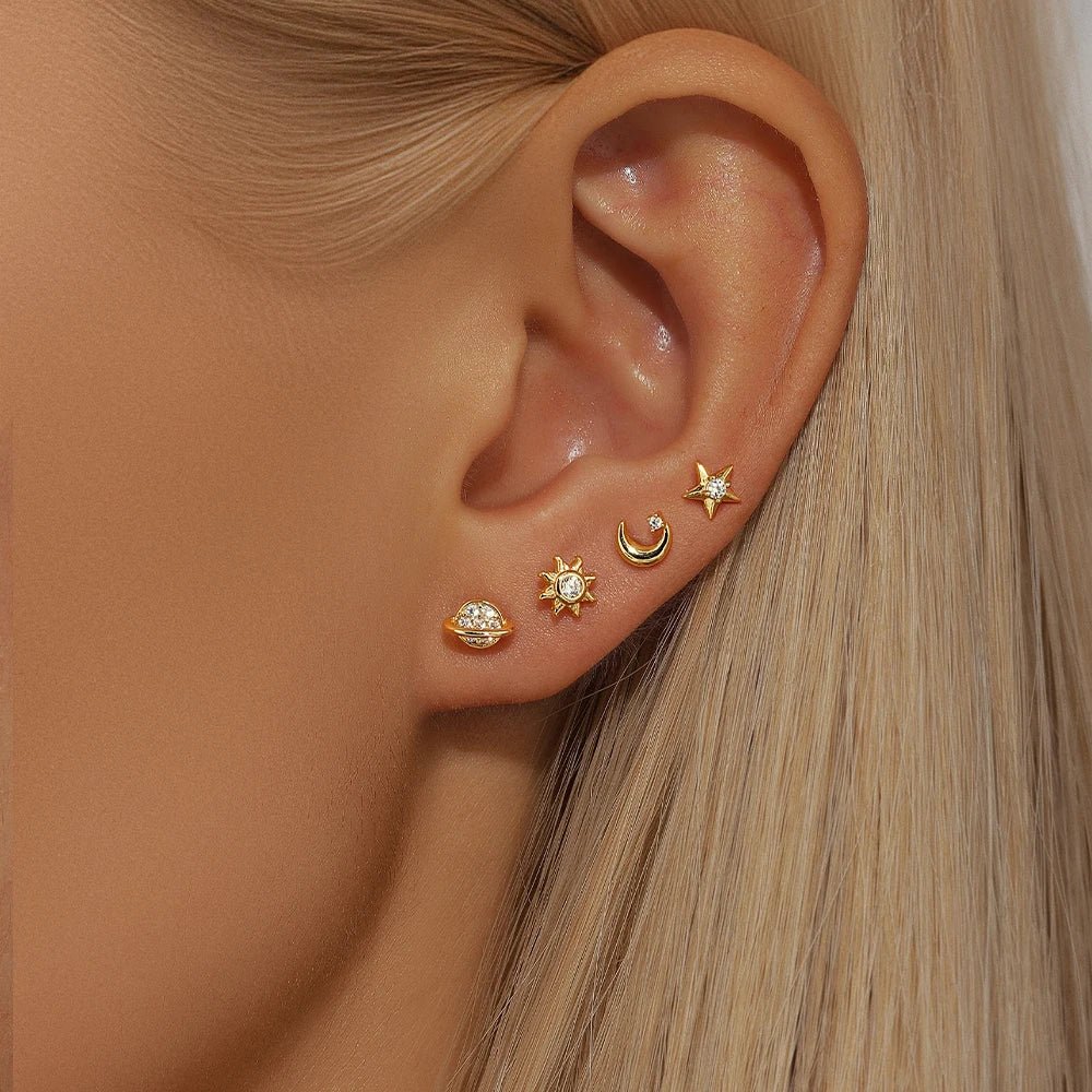 Sterling Silver Celestial Earrings - 4 piece Set with Saturn, Moon, Star, and Sun - Wax | Wane