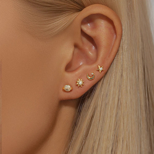 Sterling Silver Celestial Earrings - 4 piece Set with Saturn, Moon, Star, and Sun - Wax | Wane