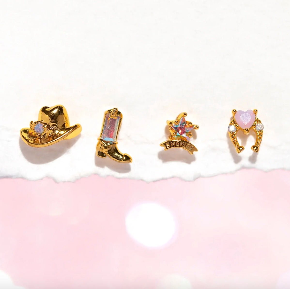 Western Charm Earring Set – 18k Gold & Silver Cowboy Studs | Rhinestone Accents, 4 - Piece Limited Edition - Wax | Wane