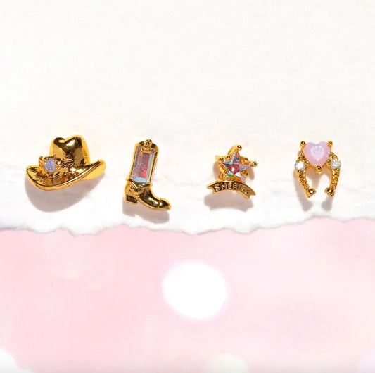 Western Charm Earring Set – 18k Gold & Silver Cowboy Studs | Rhinestone Accents, 4 - Piece Limited Edition - Wax | Wane